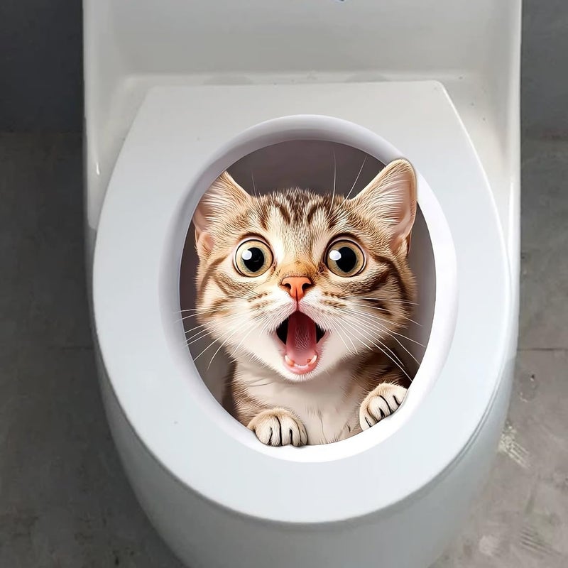 Iprokiu Cute Animal Toilet Sticker Waterproof 3D Funny Dog Cracking Toilet Seat Lid Decal Bathroom Wall Sticker Squirrel Toilet Lid Decal Home Decoration (Lovely Cat) - Image 3